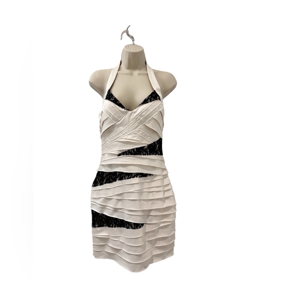 Bebe Women’s Halter Satin Bandage Mini Dress with Lace, Size M